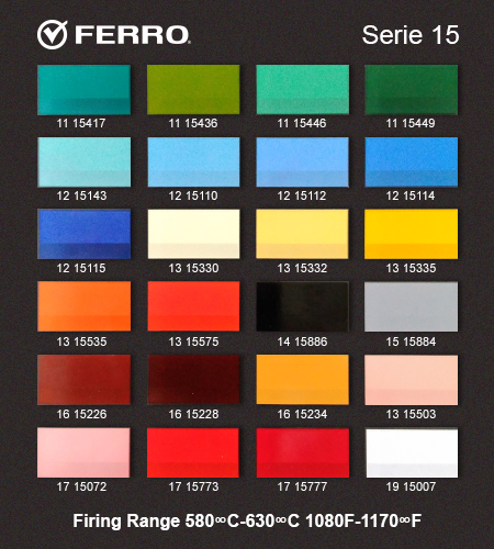 Glass Color pallete for for Ferro 15 series for opaque ceramic decals.