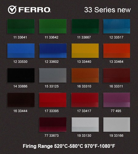Color palette for Ferro 33 series used for glass color decorations